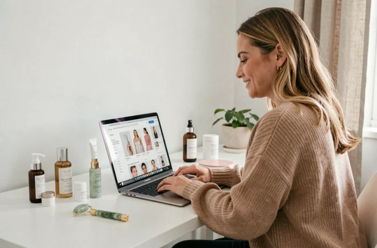 Femme dans la trentaine consultant un site d'achat beauté en ligne sur un ordinateur portable, entourée de produits cosmétiques soigneusement disposés sur un bureau blanc épuré
