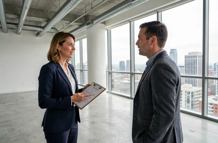 Agente immobilière présentant un appartement moderne à un acheteur potentiel