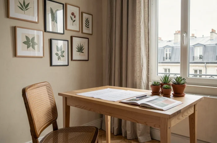Bureau à domicile élégamment aménagé avec des éléments de décoration originaux dans un appartement parisien