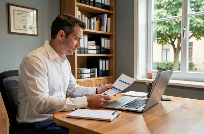 Chef d'entreprise analysant des propositions de services professionnels sur un bureau en bois avec ordinateur portable et documents imprimés
