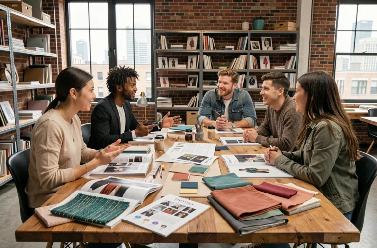 Groupe de jeunes créatifs analysant des tendances mode autour d'une table de studio couverte de magazines et de planches d'inspiration