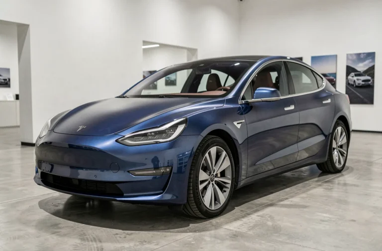 Berline électrique moderne exposée dans un showroom automobile contemporain au sol en béton poli, vue en angle 3/4 avant mettant en valeur la carrosserie sculptée bleu nuit