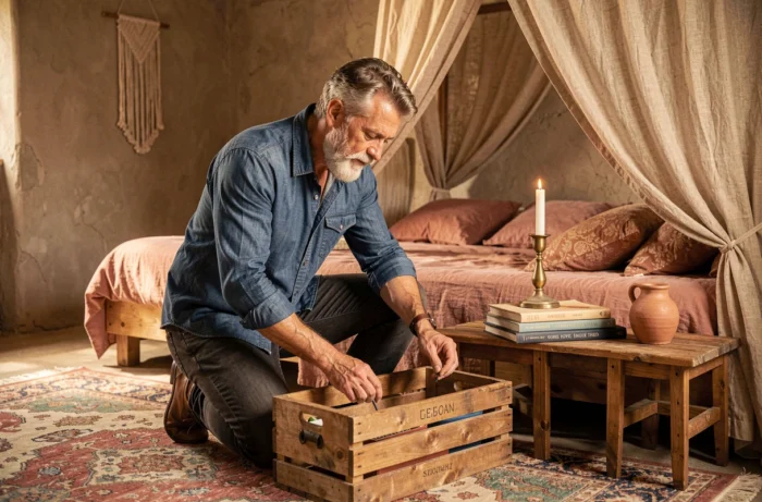Homme aménageant une chambre bohème avec des objets vintage et des matières naturelles dans un esprit décoratif original