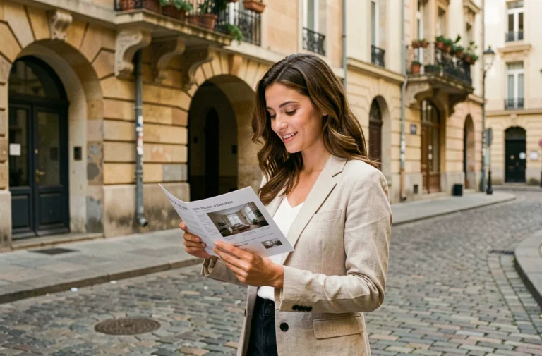 Jeune femme consultant une annonce immobilière dans le quartier de la Croix-Rousse à Lyon