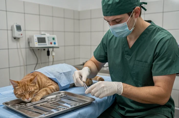 Chirurgien vétérinaire préparant les instruments pour la stérilisation d'un chat