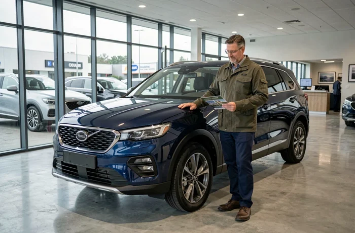 Homme choisissant un SUV dans une concession automobile moderne, guide achat voiture