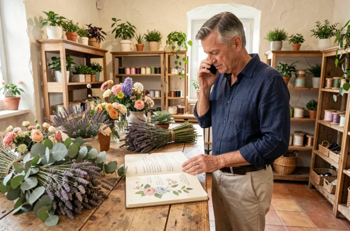 Client discutant d'un projet floral par téléphone avec l'équipe de Maison Floran dans une boutique artisanale