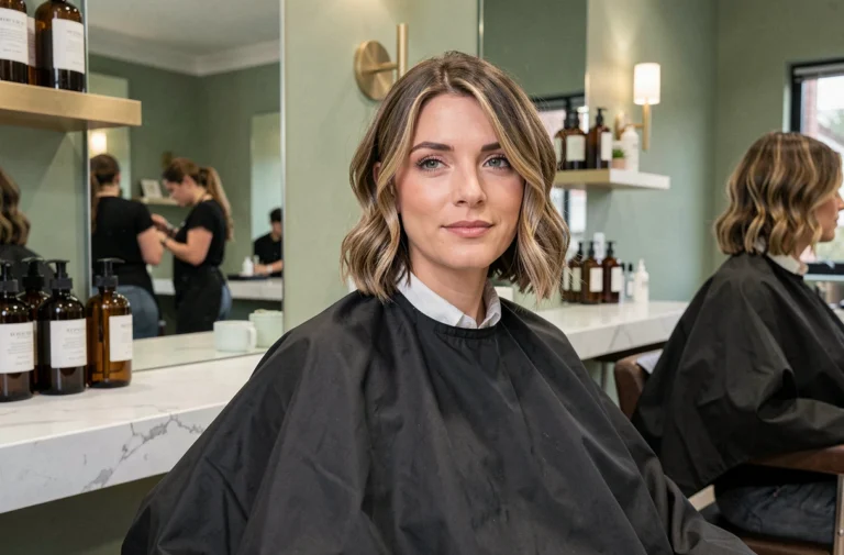 Femme aux cheveux en bob texturé ondulé assise dans un salon de coiffure moderne au décor épuré, tendance coiffure 2026