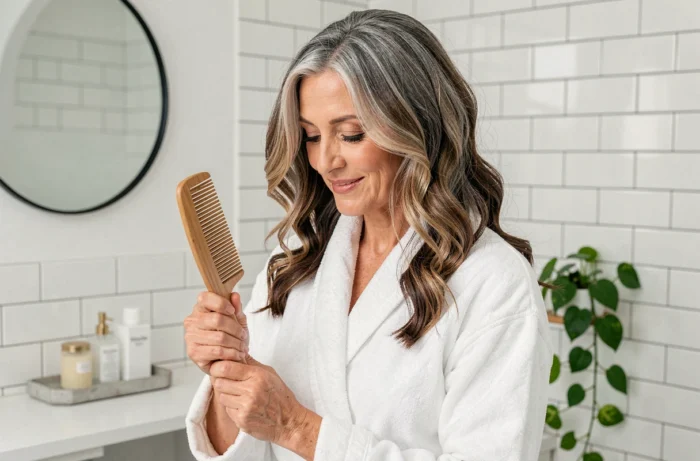 Femme mature aux cheveux argentés bouclés et balayage naturel dans une salle de bain minimaliste, coiffure tendance 2026 pour cheveux gris