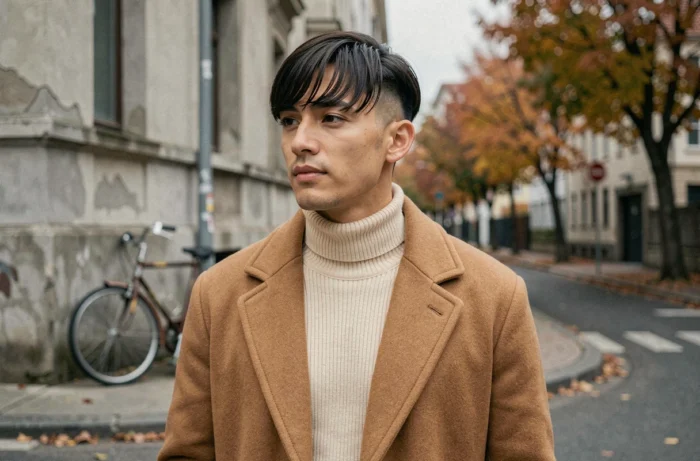 Homme jeune avec une coiffure rideau et dégradé naturel en extérieur dans un cadre urbain automnal, style coiffure tendance 2026