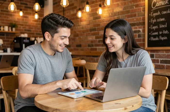 Deux jeunes professionnels qui collaborent autour d'une tablette et d'un ordinateur portable dans un café moderne, discutant d'outils informatiques