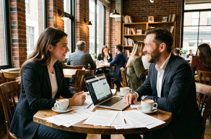 Deux collègues discutant d'offres d'emploi dans le secteur événementiel autour d'un ordinateur portable dans un café urbain