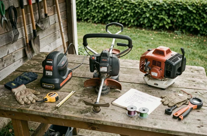 Comparaison de trois modèles de taille-bordures posés sur un établi en bois avec accessoires de jardinage pour guider le choix d'achat