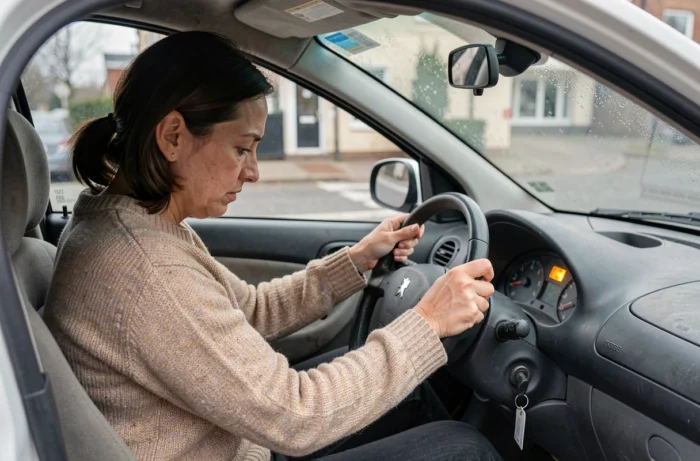 Conductrice de Peugeot 206 observant un voyant d'avertissement allumé sur le tableau de bord