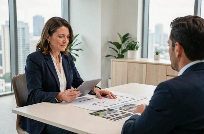 Conseillère immobilière présentant un projet d'investissement à un client dans une agence moderne avec vue sur la ville
