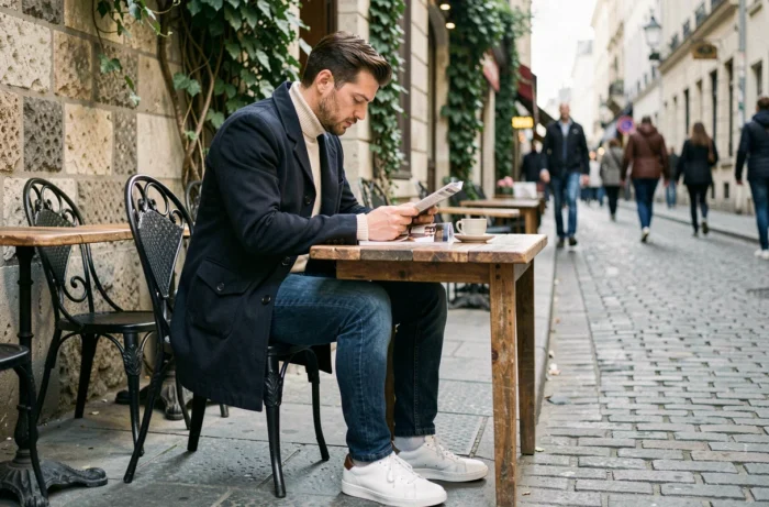 Homme stylé en manteau chore navy et jean indigo assis en terrasse de café parisien, illustrant les conseils mode masculins du quotidien