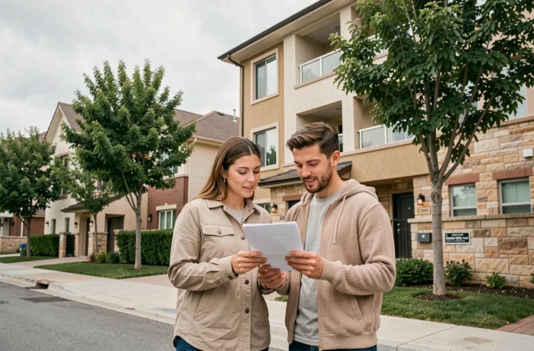 Couple devant une maison à vendre examinant des documents immobiliers dans une rue résidentielle calme