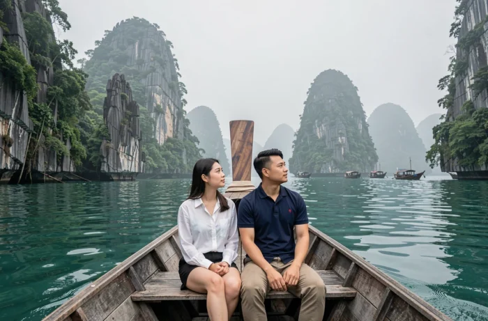 Couple à bord d'un bateau traditionnel naviguant dans la baie d'Halong au Vietnam entourée de falaises karstiques