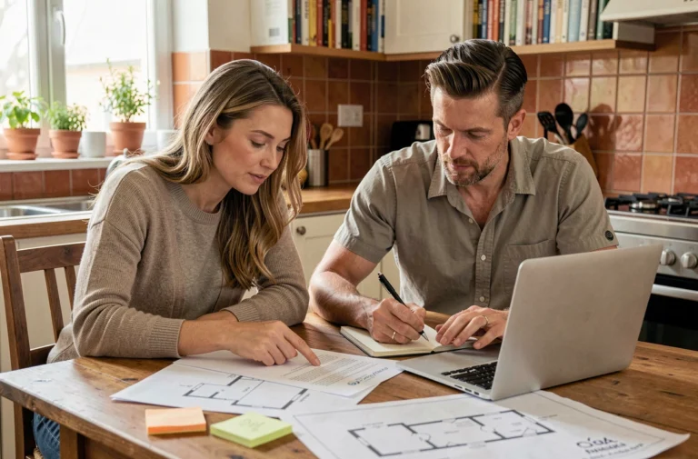 Couple étudiant des plans immobiliers et des annonces sur ordinateur à leur table de cuisine