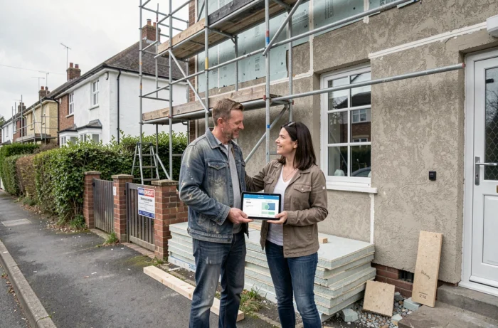 Couple devant une maison en rénovation extérieure consultant un devis sur tablette avec aides communales