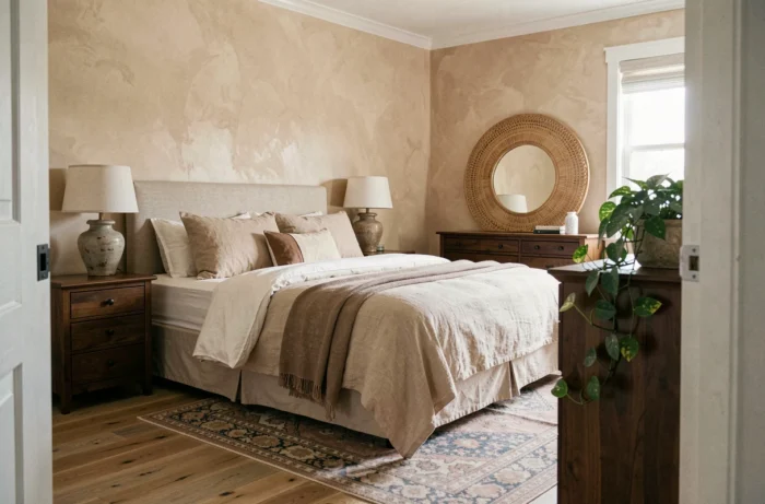 Chambre principale redécorée avec literie en lin neutre, miroir en rotin et table de nuit en noyer