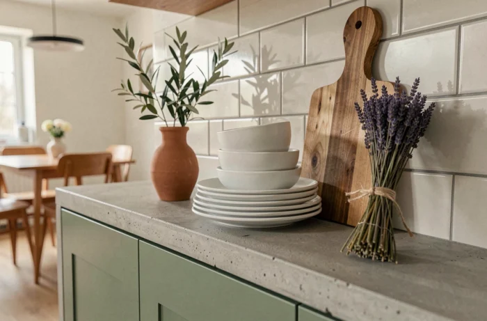 Étagère de cuisine stylisée avec vaisselle blanche mate, vase en terre cuite et planche à découper en bois