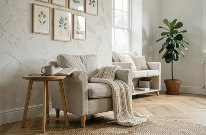 Salon décoré dans un style scandinave avec fauteuil en lin, table en chêne et mur de cadres botaniques