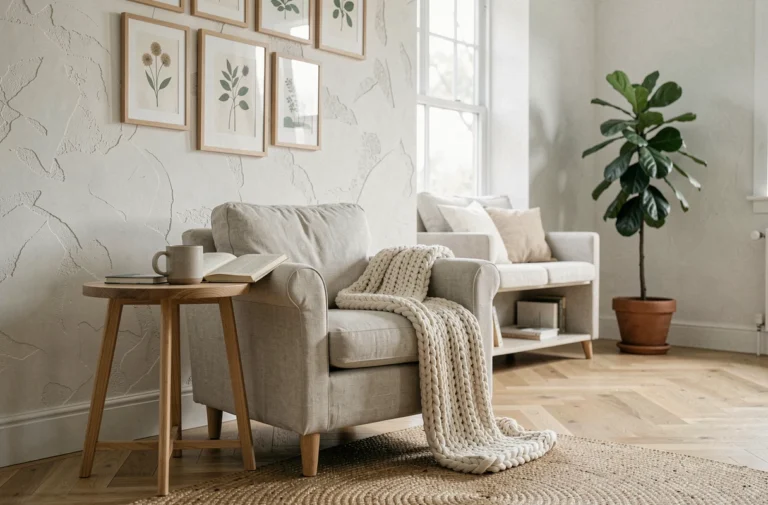 Salon décoré dans un style scandinave avec fauteuil en lin, table en chêne et mur de cadres botaniques