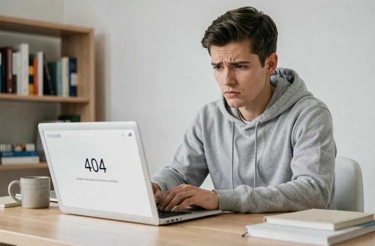 Jeune homme découvrant la disparition d'un site web sur son ordinateur portable avec une page d'erreur 404