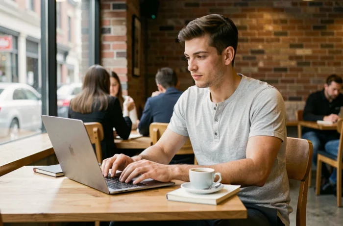 Jeune entrepreneur travaillant sur son ordinateur portable dans un café urbain tendance, stratégie et innovation business 2024