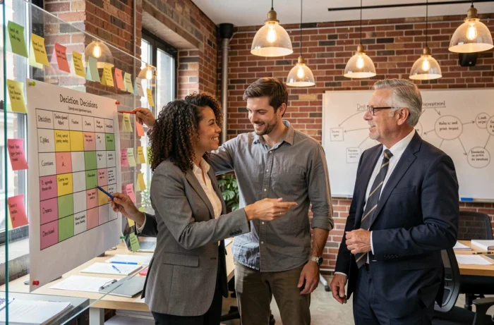 Équipe de professionnels évaluant ensemble une matrice de décision pour sélectionner les services adaptés aux besoins de leur entreprise