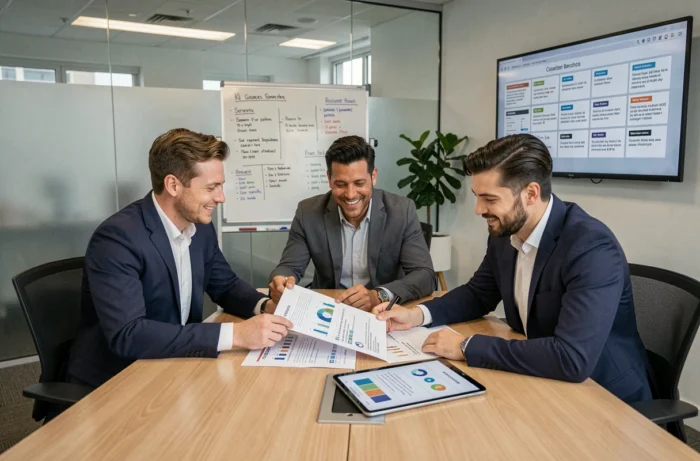 Équipe de professionnels réunis autour d'une table pour explorer ensemble un index complet de ressources business