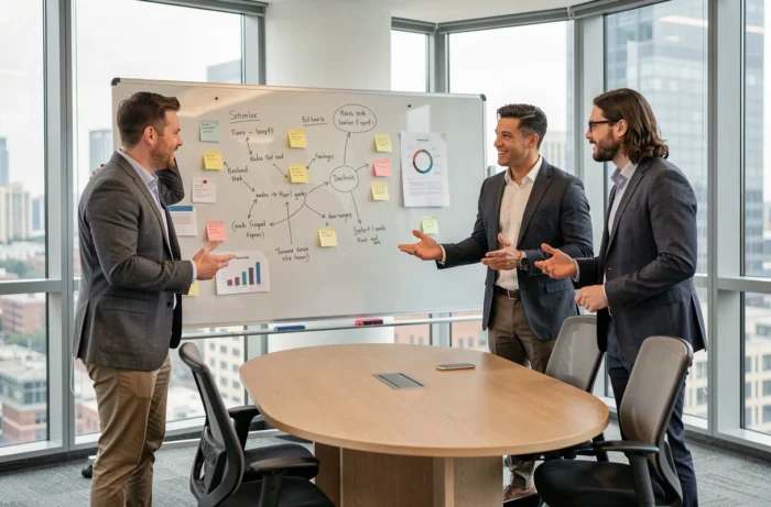 Équipe de professionnels en réunion stratégique autour d'un tableau blanc dans une salle de conférence moderne