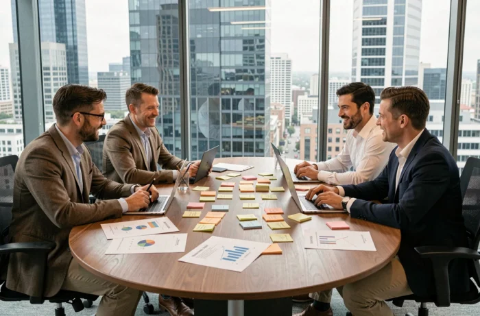 Équipe de professionnels en réunion stratégique autour d'une table de conférence moderne, brainstorming tendances business 2024
