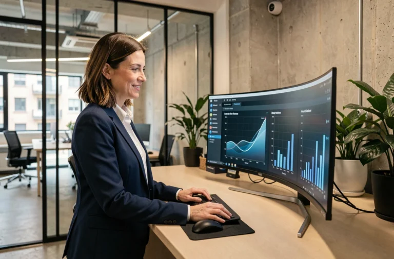 Femme d'affaires professionnelle analysant des données sur un écran incurvé dans un bureau moderne en open space, tendances business 2024