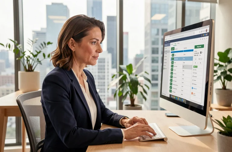 Femme d'affaires consultant un index de ressources numériques sur un grand écran dans un bureau moderne
