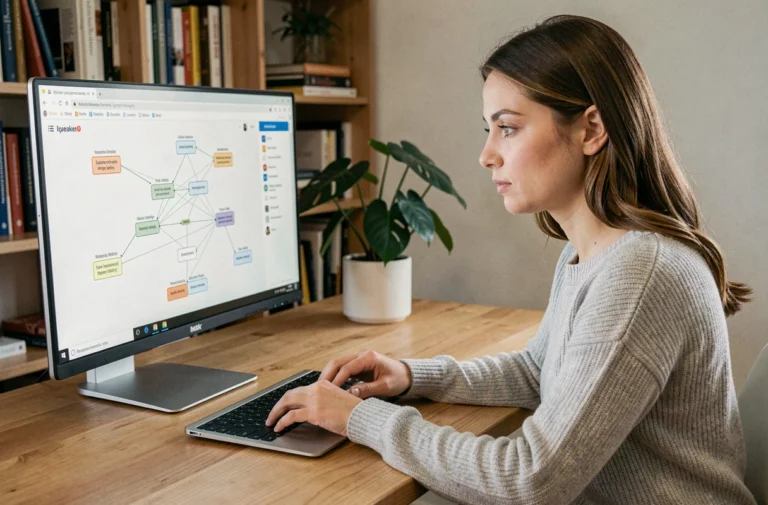 Femme analysant la structure d'un sitemap sur un écran d'ordinateur dans un bureau moderne