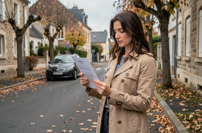 Femme consultant une autorisation officielle de type permis B2 dans une rue résidentielle française