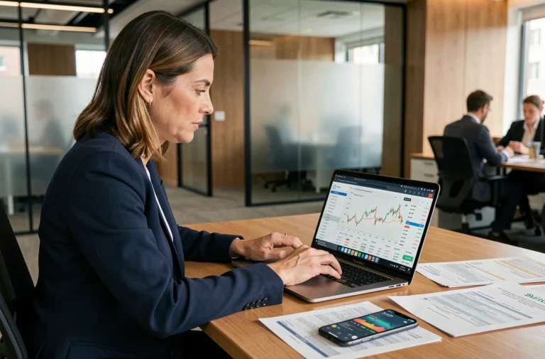 Femme professionnelle consultant les actualités Mister Cash et les tendances de change sur un ordinateur portable en bureau moderne