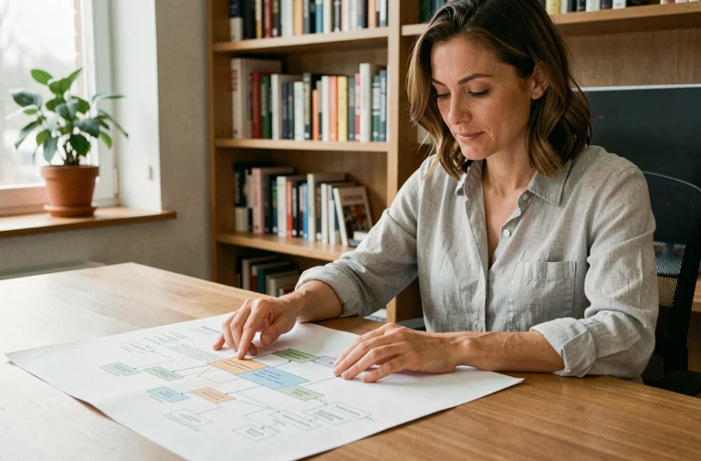 Femme consultant un plan de site détaillé sur un bureau en bois dans un bureau moderne