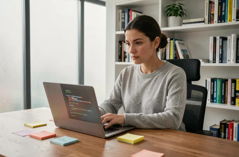 Femme développeuse concentrée devant un ordinateur portable avec du code affiché, dans un bureau moderne et lumineux