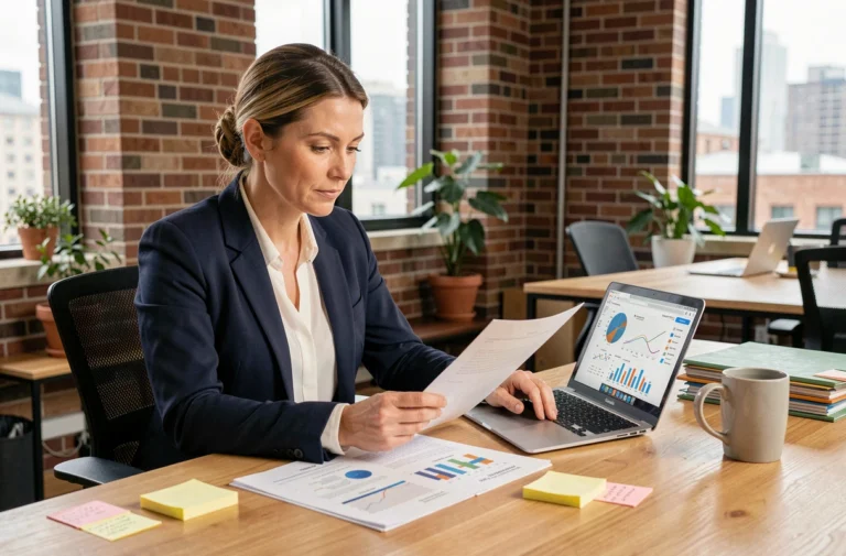 Femme entrepreneur analysant un plan de développement d'entreprise sur ordinateur portable dans un espace de coworking moderne