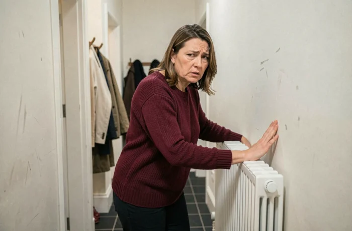 Femme en pull bordeaux détectant une odeur anormale près d'un radiateur en fonte dans un couloir d'appartement