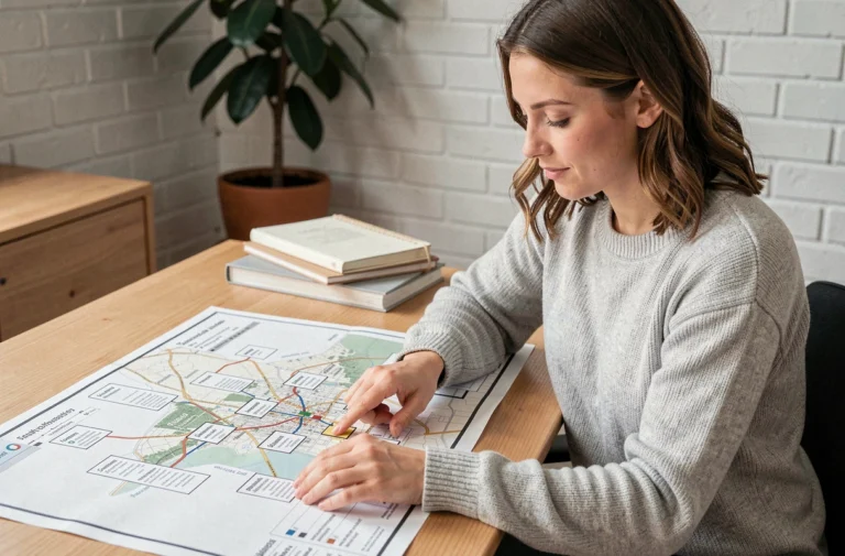 Femme étudiant un plan de site imprimé sur un bureau en bois dans un bureau à domicile moderne