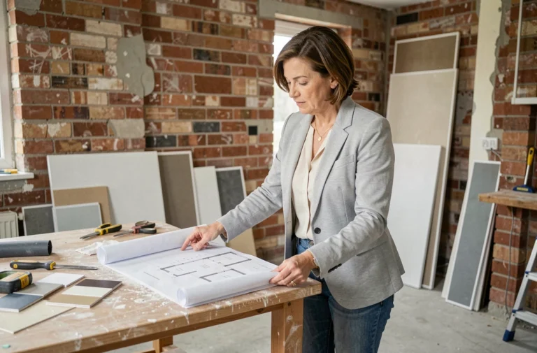 Femme consultant des plans de rénovation dans une cuisine en travaux pour maîtriser son budget