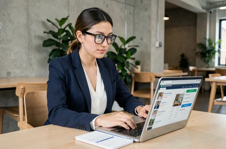 Femme professionnelle cherchant un emploi dans l'événementiel sur un ordinateur portable dans un espace de coworking moderne