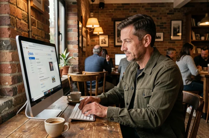 Homme consultant les résultats de recherche pour trouver la nouvelle adresse de Wodioz dans un café indépendant