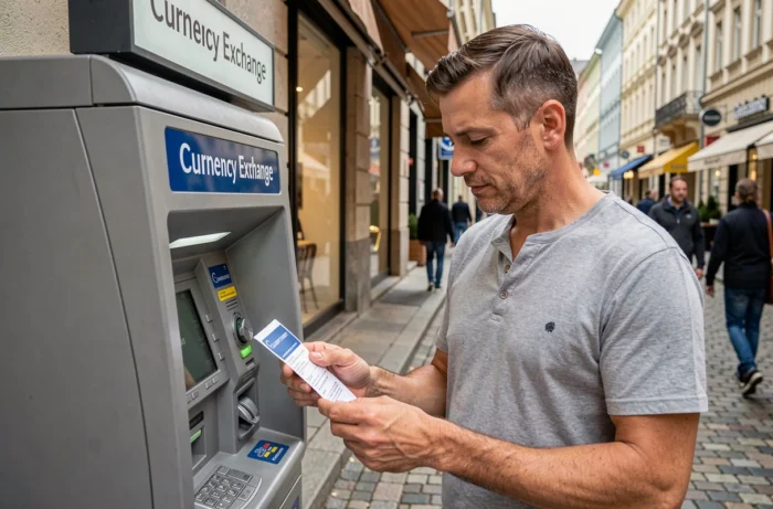 Homme consultant un reçu de transaction à un distributeur de change Mister Cash en centre-ville européen
