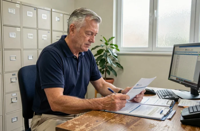 Homme lisant des dossiers d'aides communales pour financer des travaux de rénovation