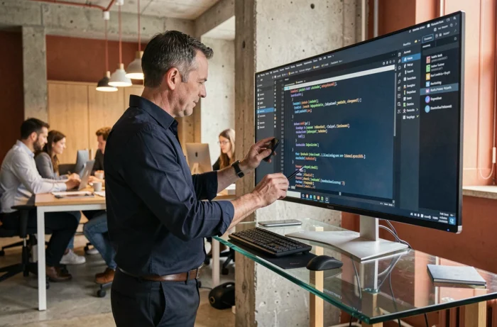 Homme explorant un fichier XML de sitemap dans un éditeur de code sur écran ultrawide